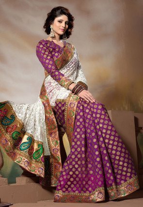 Half N Half Art Silk Brocade Saree in Cream and Purple