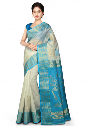 Handloom Pure Tussar Silk Saree in Off White and Blue