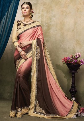 Embroidered Crepe Chiffon Saree in Rose Gold and Brown