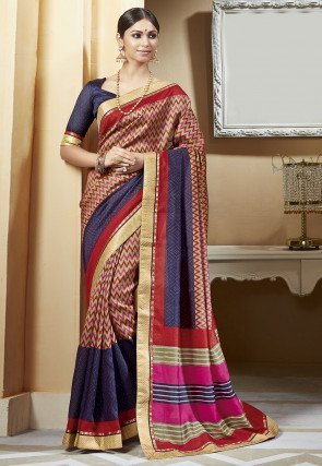 Printed Art Silk Saree in Beige and Dark Blue