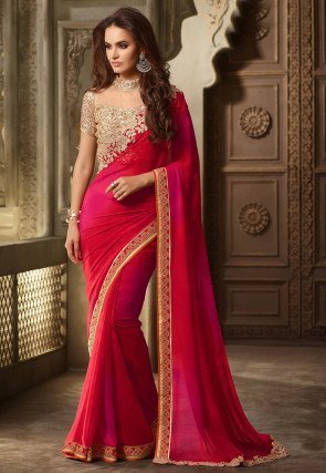 Patch Border Georgette Saree in Fuchsia Ombre