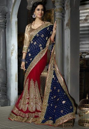 Half N Half Georgette Saree in Indigo and Red