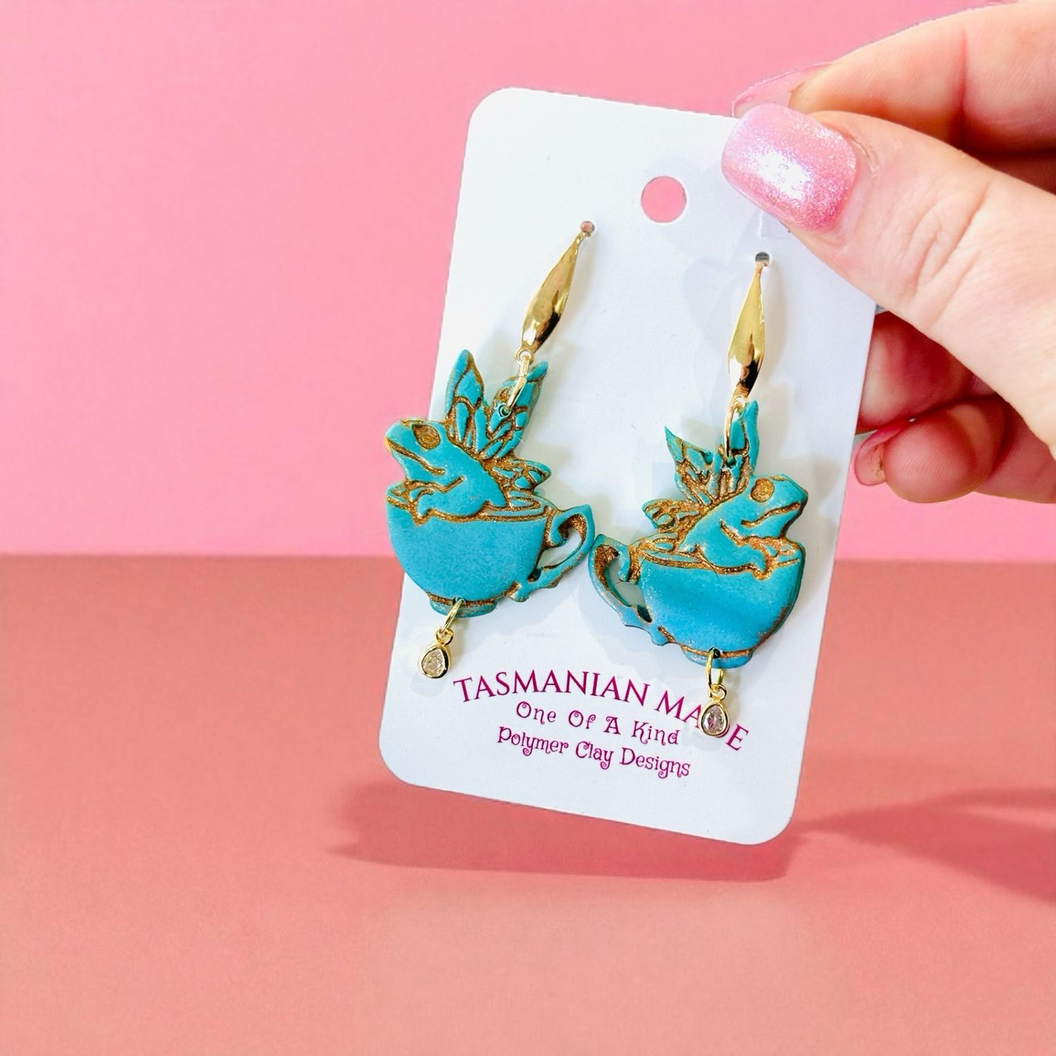 Whimsical Frog in a Teacup Earrings – 18k Gold Plated
