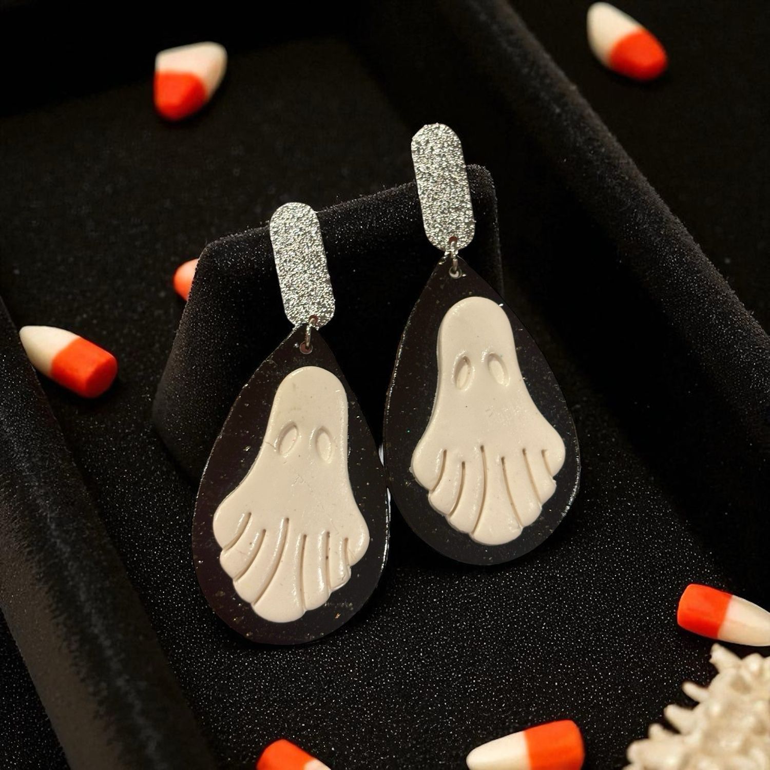 Classic Black &amp; White Ghost  Large Teardrop Earrings