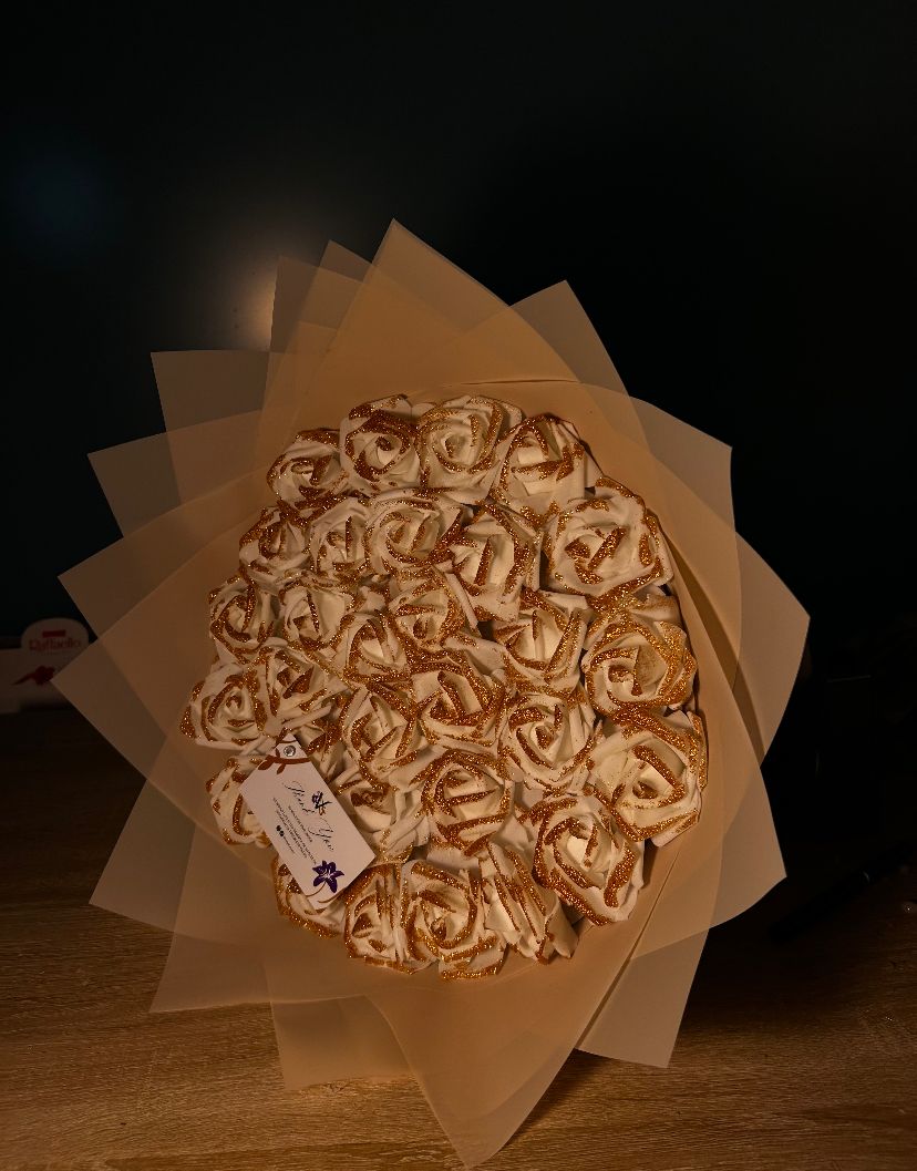 Small White Forever Roses with Gold Glitter and Cream Wrap Bouquet