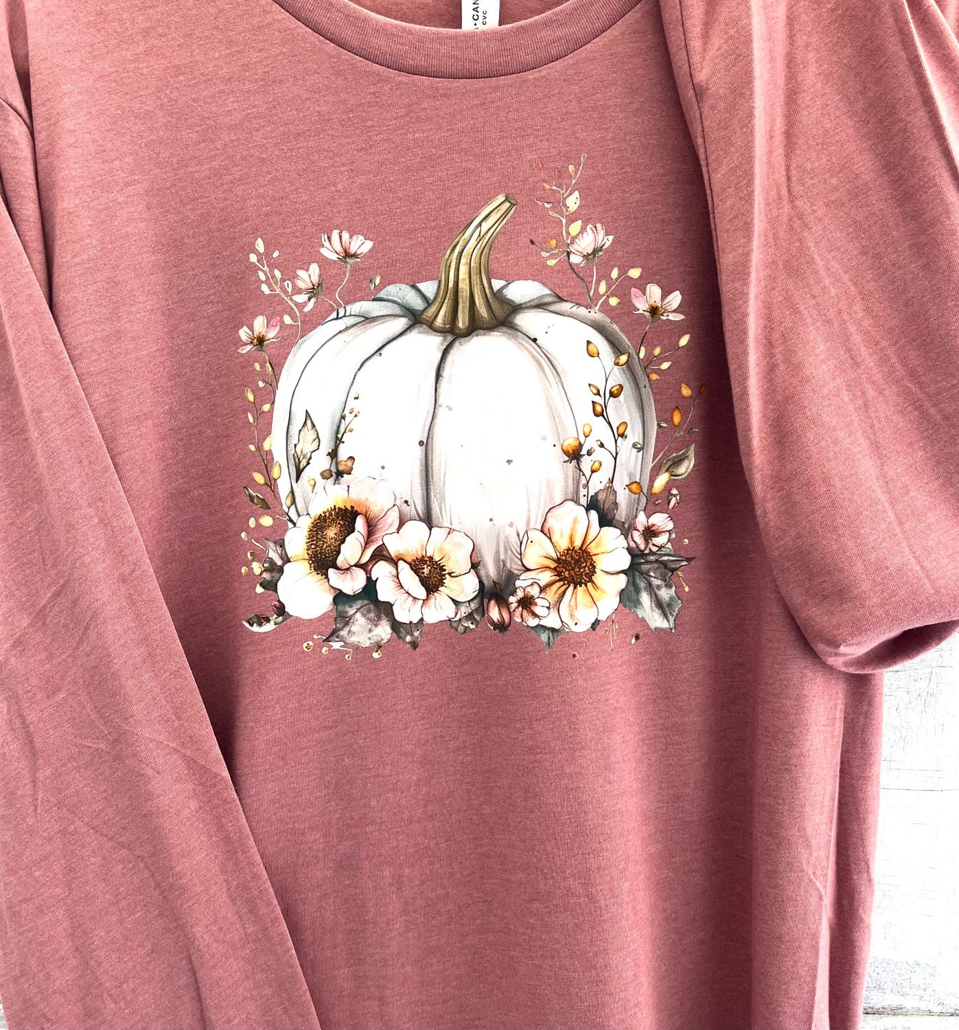 Pastel Floral Pumpkin - Bella Canvas Heather Mauve - long sleeve tee… unisex sizing