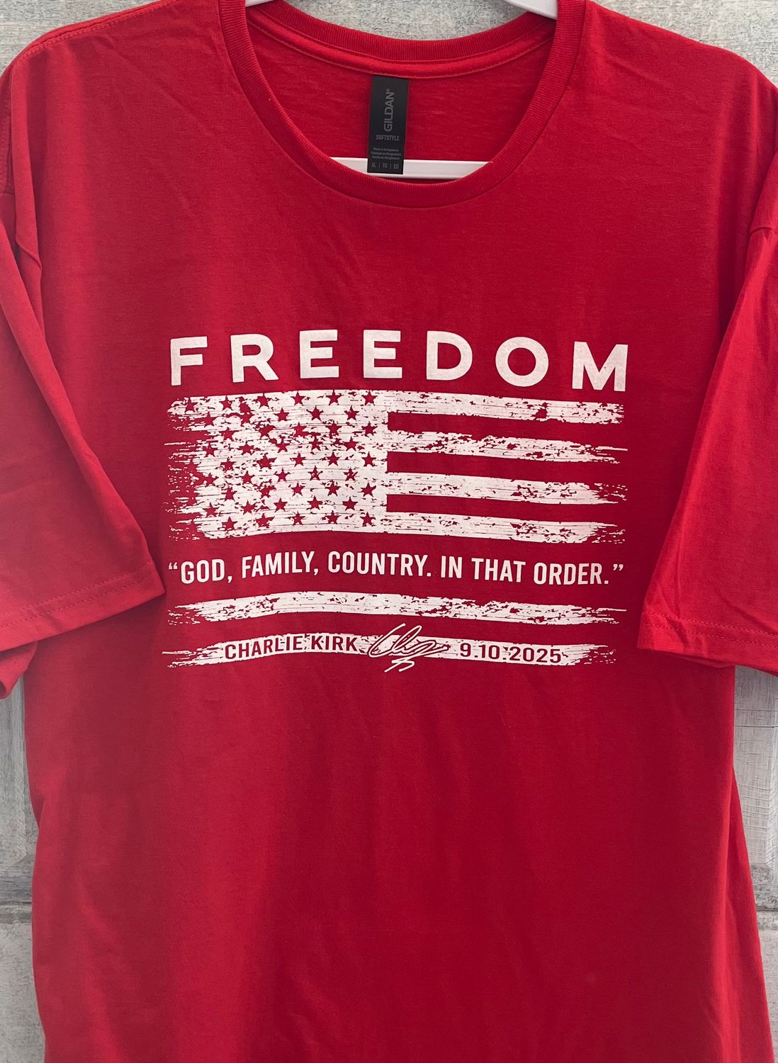 FREEDOM - … God Family Country - Charlie Kirk - Red Gildan Soft Style short sleeve tee -  Unisex sizing - 10% of all sales goes to Turning point USA Can’t guarantee shipping by Oct. 14th for these.