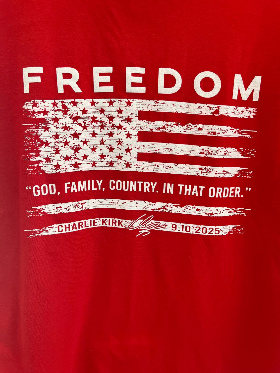 FREEDOM - God Family Country - Charlie Kirk - Red Gildan Crew Sweatshirt - We can’t guarantee shipped orders by Oct. 14.