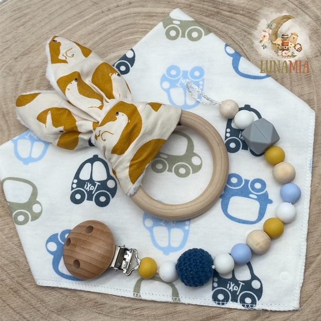 Baby Geschenkset, Nuggikette + Greifring + Halstuch