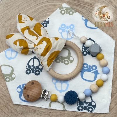 Baby Geschenkset, Nuggikette + Greifring + Halstuch