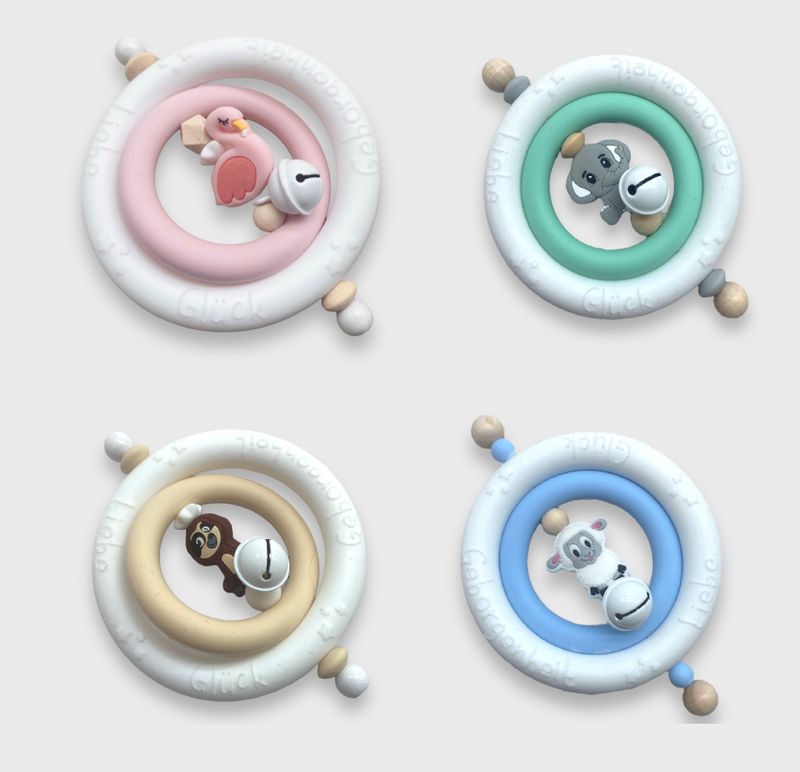 Greifringe, Beissringe aus Silikon mit verschiedenen Motiven und Farben