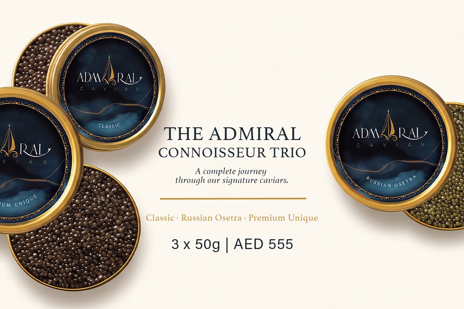Admiral Caviar Connoisseur Trio gift set with three 50g caviar tins