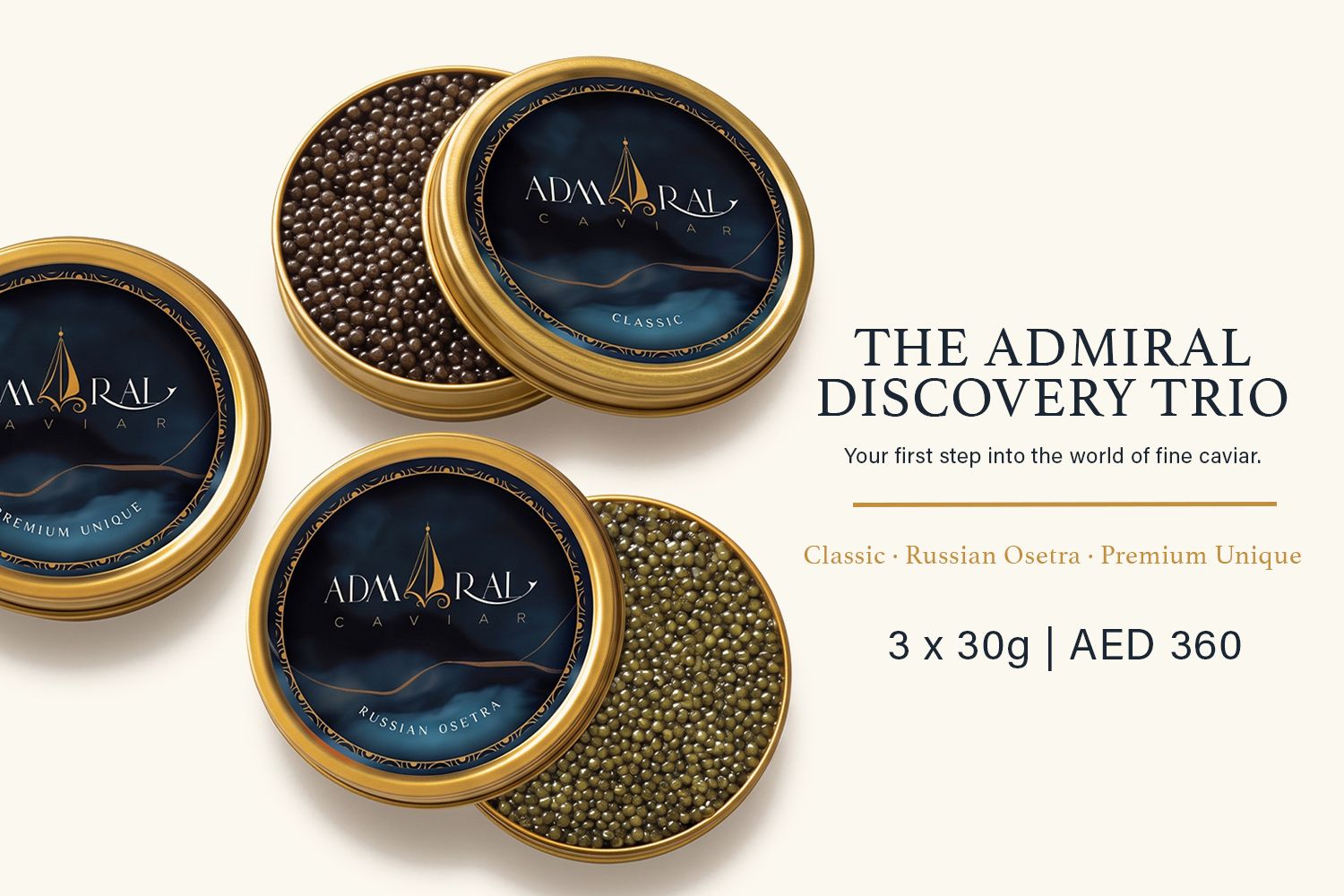 Admiral Caviar Discovery Trio tasting set with three 30g caviar tins