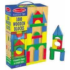 100 wooden blocks in red, blue, yellow, and green with fun shapes for interesting builds.