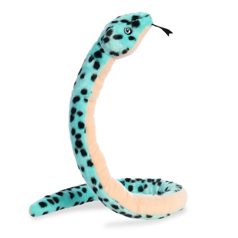 A bright minty blue snake with a black spotted pattern and shiny blue eyes to match.