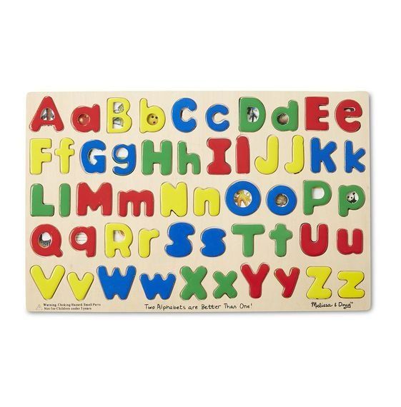 A vibrantly colored wooden alphabet puzzle in upper and lower case.