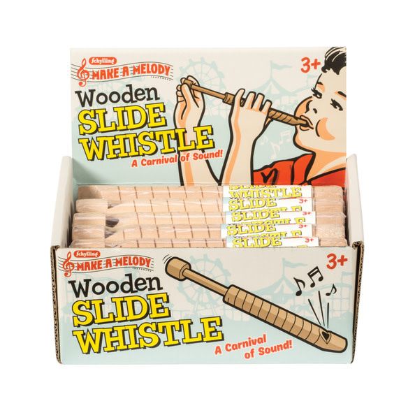 A box of wooden slide whistles with a cute retro design.