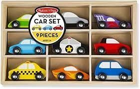A set of 9 colorful wooden race cars.