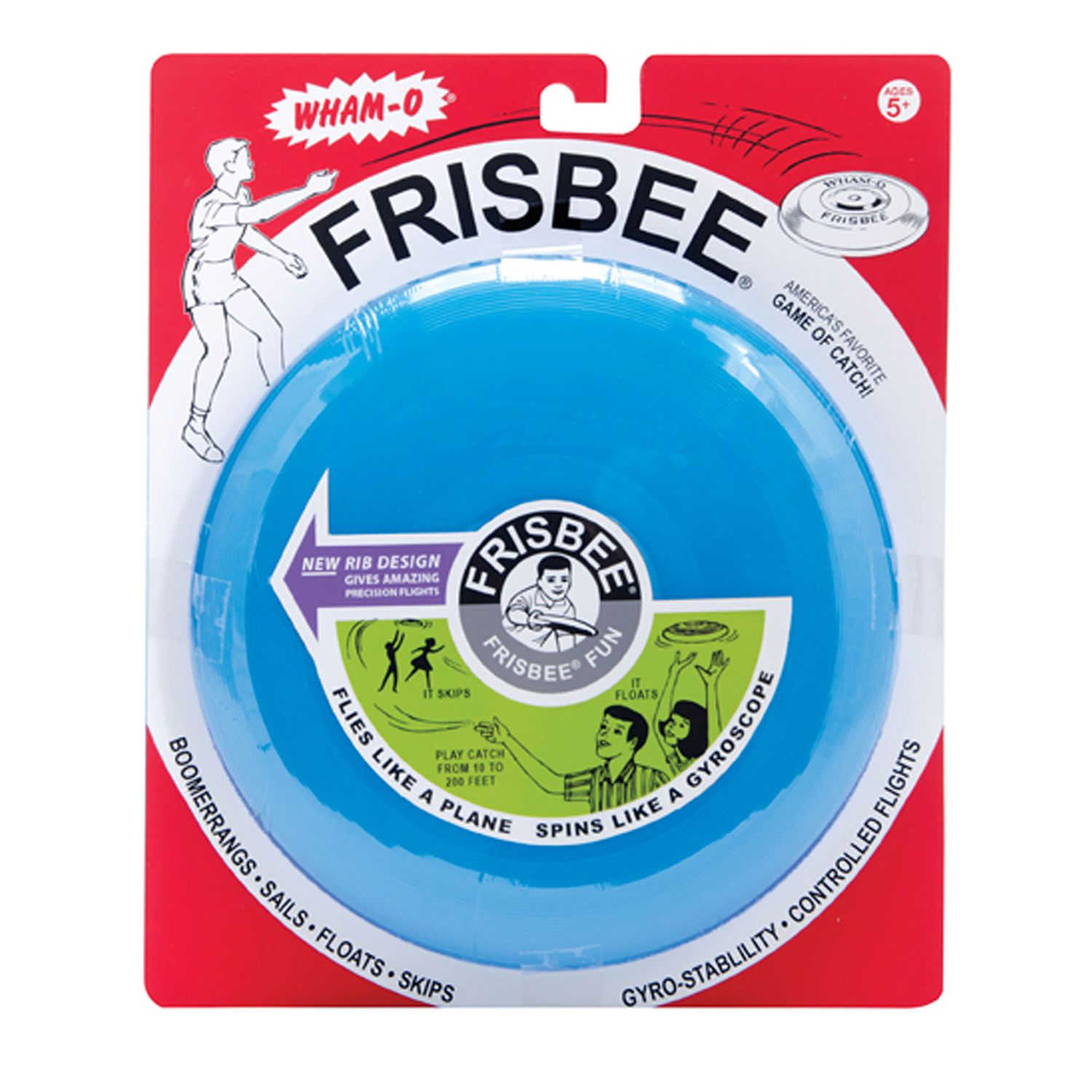A bright blue wham-o frisbee in red packaging.