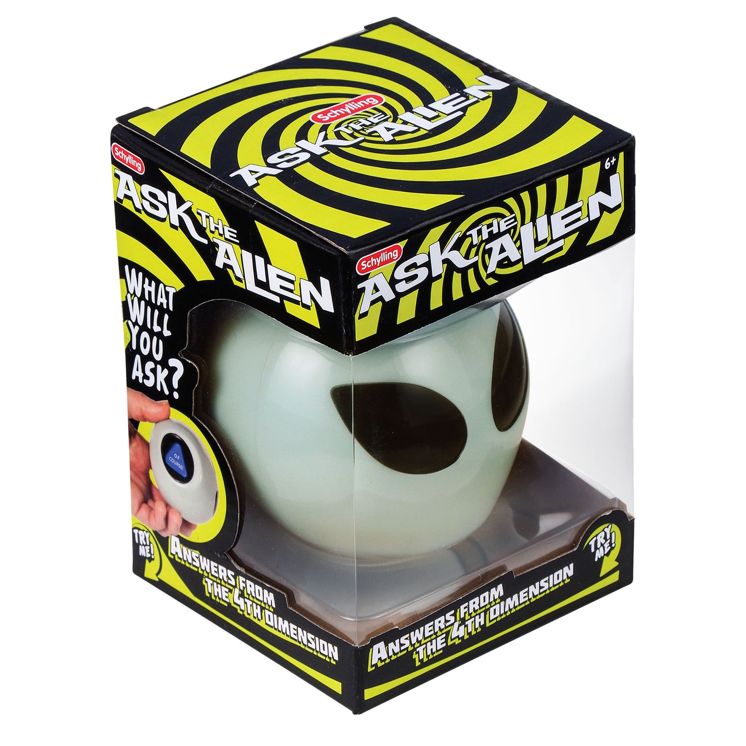 A magic 8 ball made to look like the head of a classic sci fi alien.