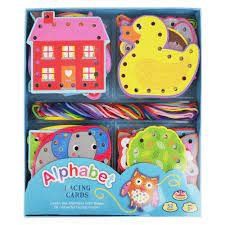 A set of themed and colorful alphabet lacing card.