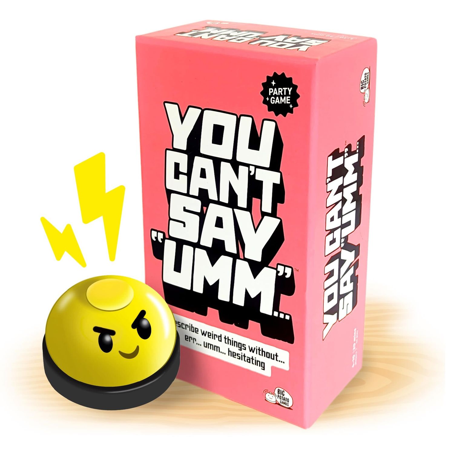 A vibrant pink box with the title &quot;You Can&#39;t Say Umm...&quot;, it has a yellow bell in front.