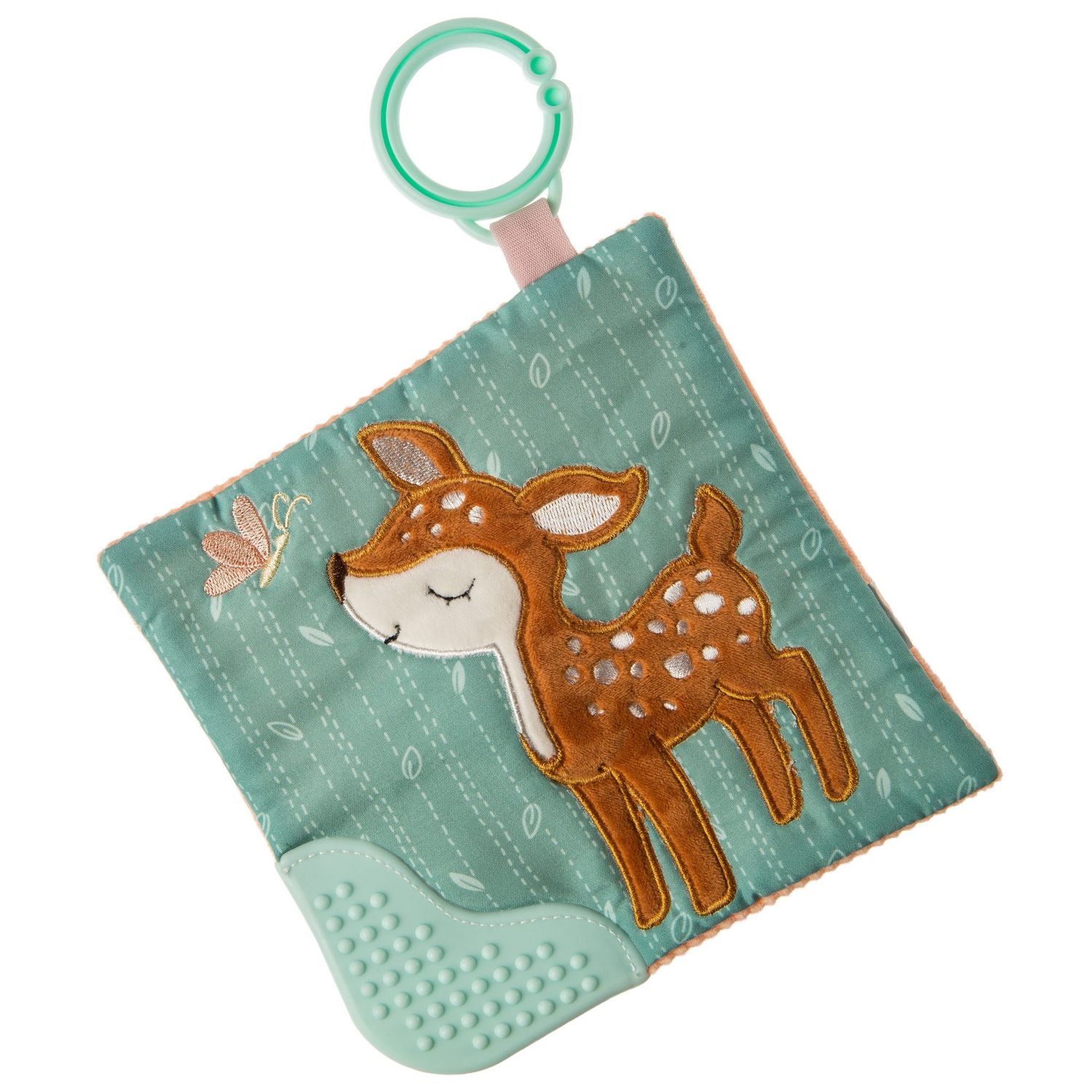 A baby crinkle teether with a cute fawn and butterfly on the front.