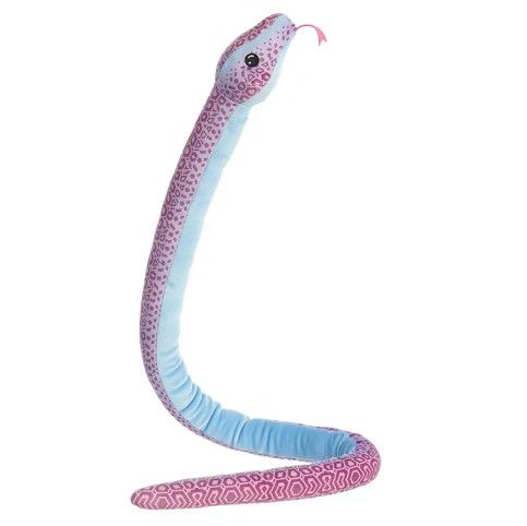 A 3ft long pink, purple, and blue pastel snake plush.