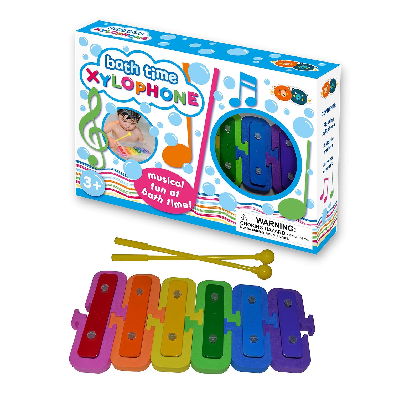 A rainbow colored bath time xylophone perfect for ages 3 and up.