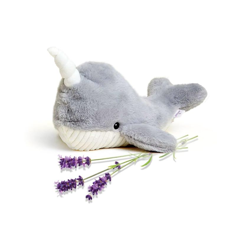 A plush lavender scented weighted narwhal with a corduroy tummy.
