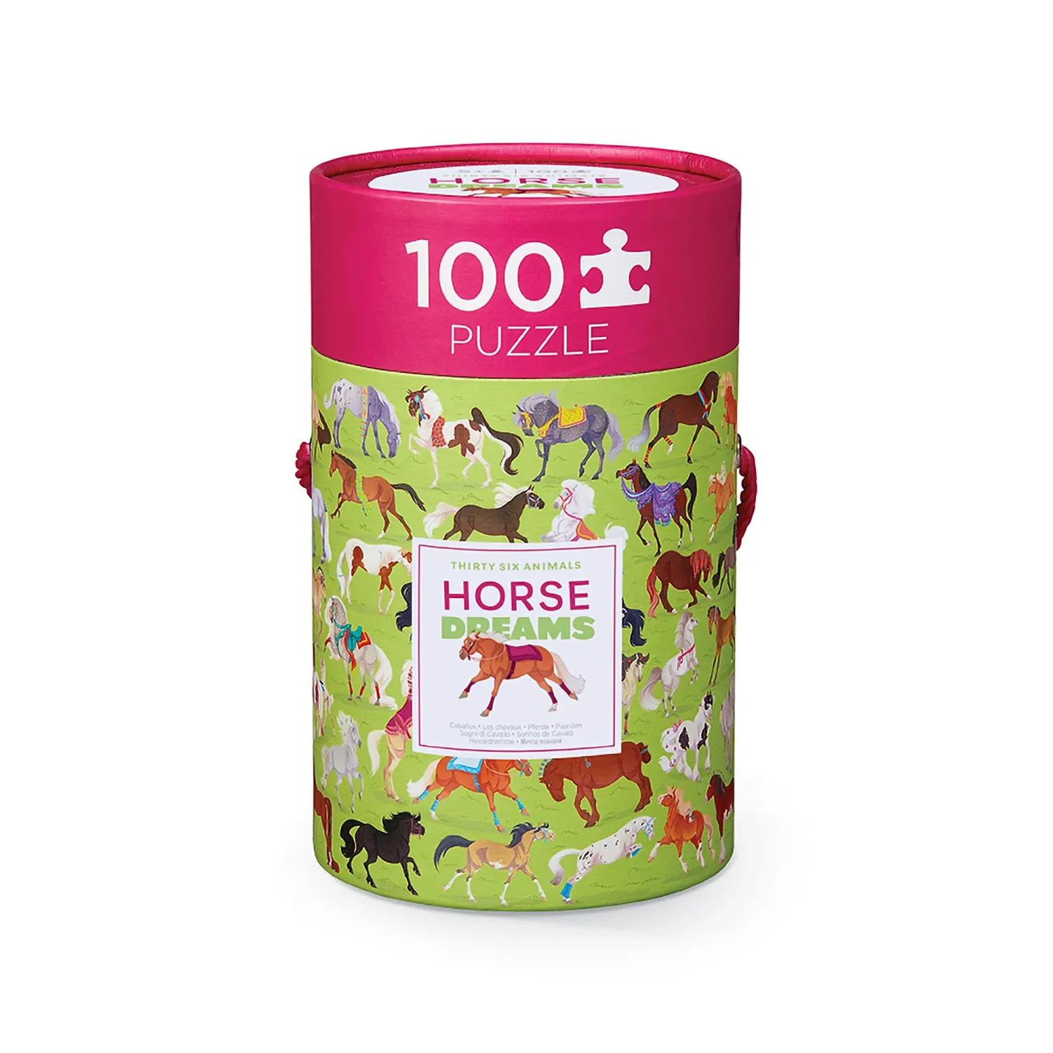 A colorful 100 piece horse puzzle in a green and pink container