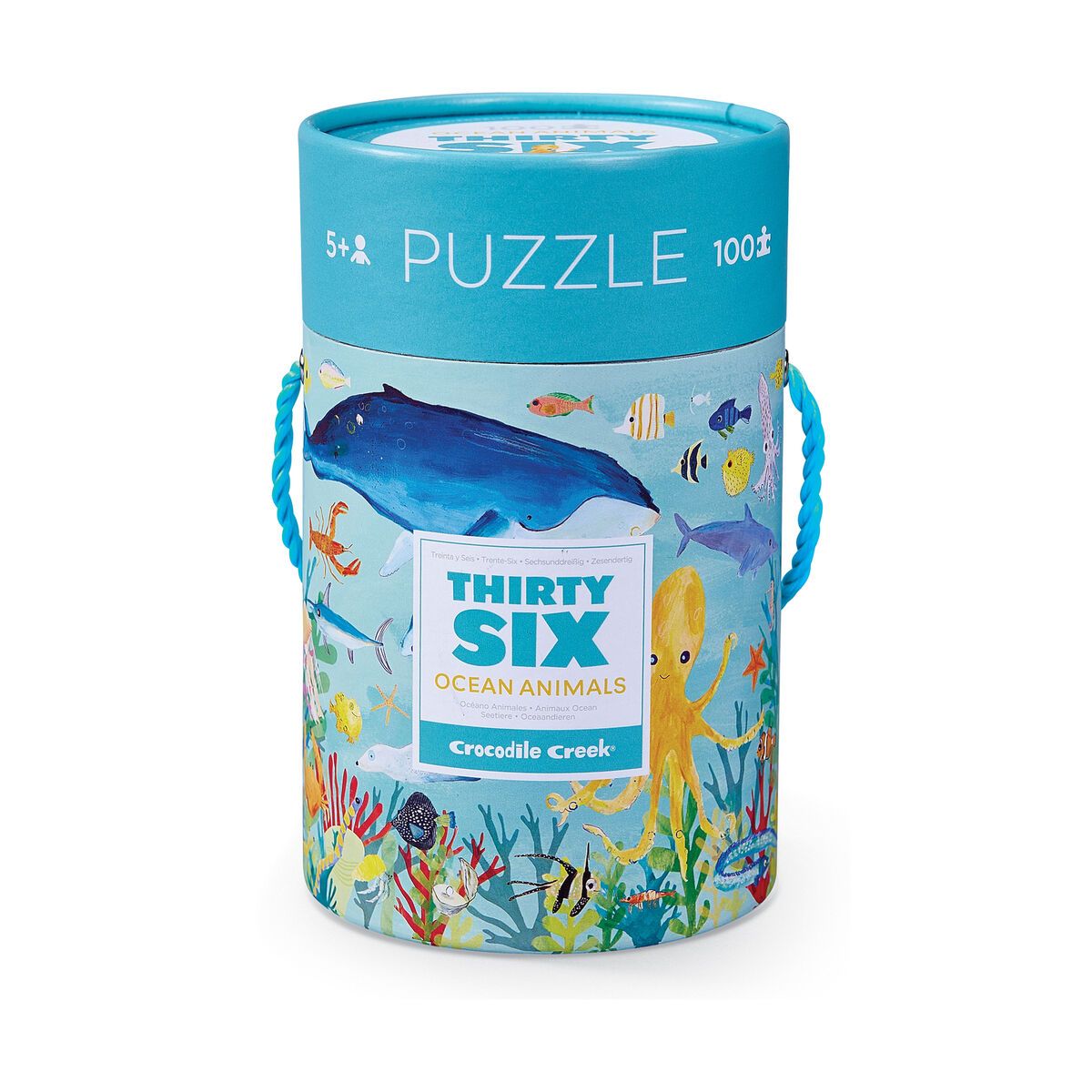 A cute blue puzzle container with a variety of sea life in an ocean reef.
