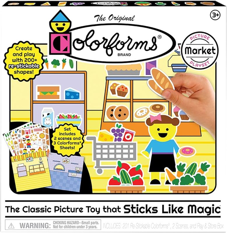 Colorforms market reusable sticker set with a cute shopping setup and different foods on display.