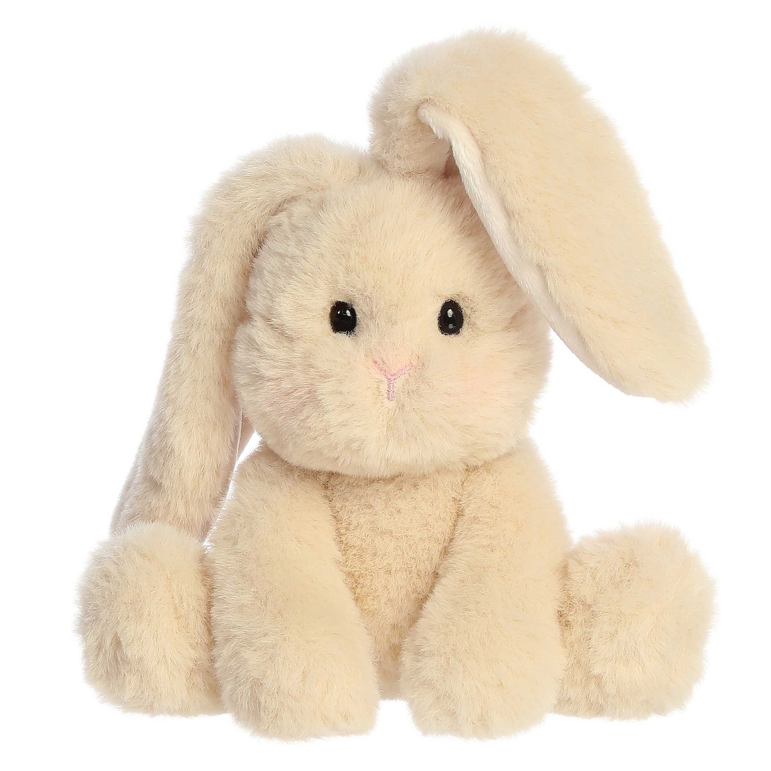 A stuffed rabbit with lopsided ears in a sitting position, highlighting its cute features and cuddly appearance.  
