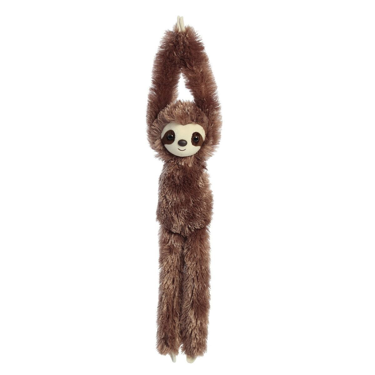 A cute sleepy sloth plush with soft brown fur hanging by it&#39;s velcro hands.