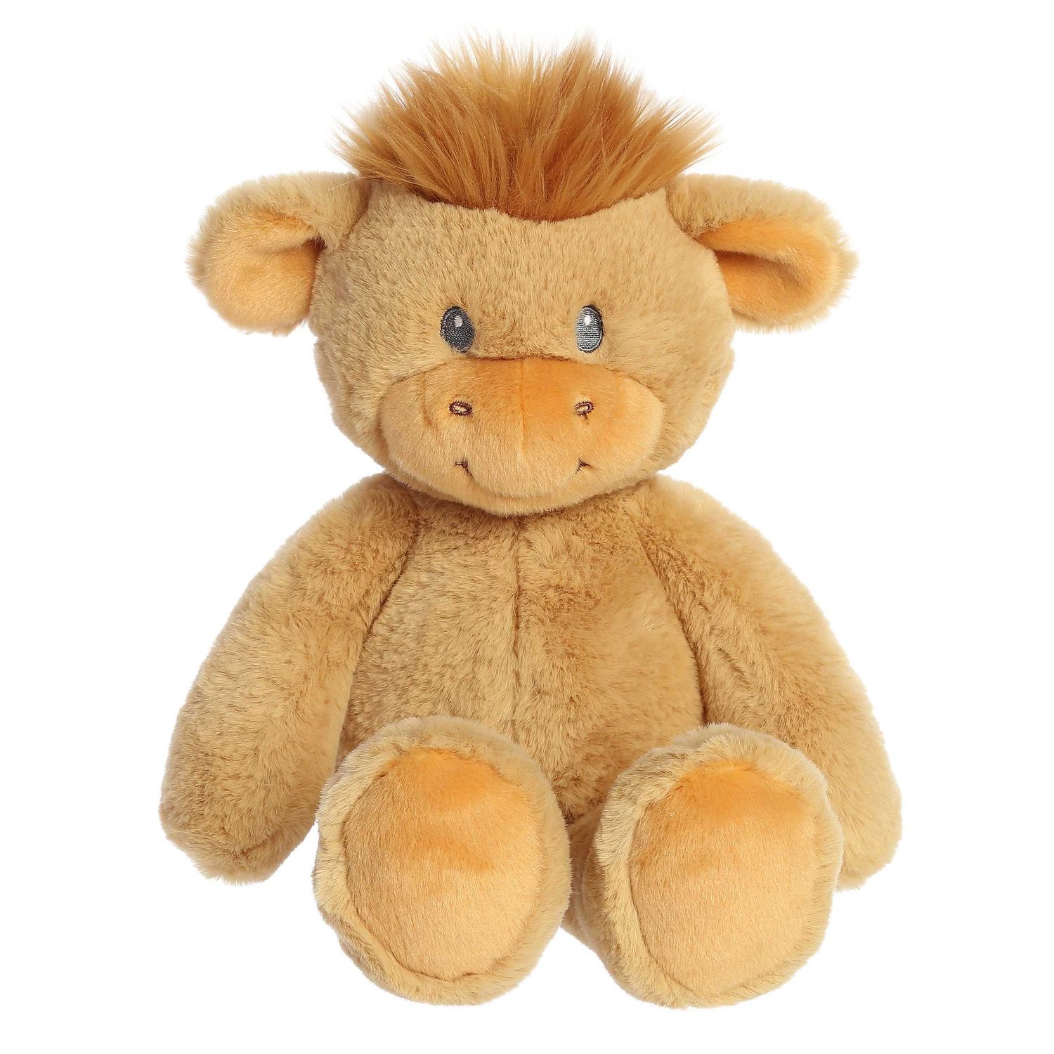 A cute cartoony highland cow with a little tuft of brown hair and a sweet smile with sewn in features.