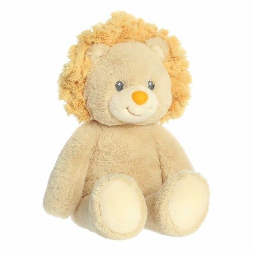 A fluffy little lion in a sitting position with a soft orange mane and cute sewn in features.