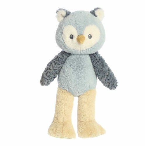 A cute yellow and gray owl plush in a standing position with sewn in features and a plush beak.