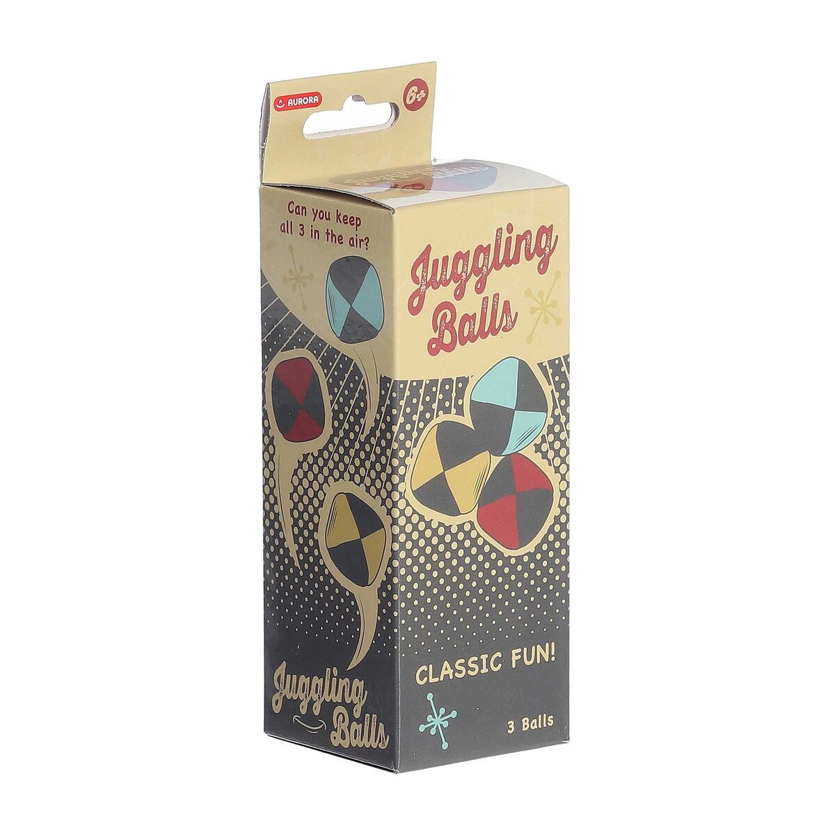 A retro designed box containing three juggling balls. Blue, yellow and red.
