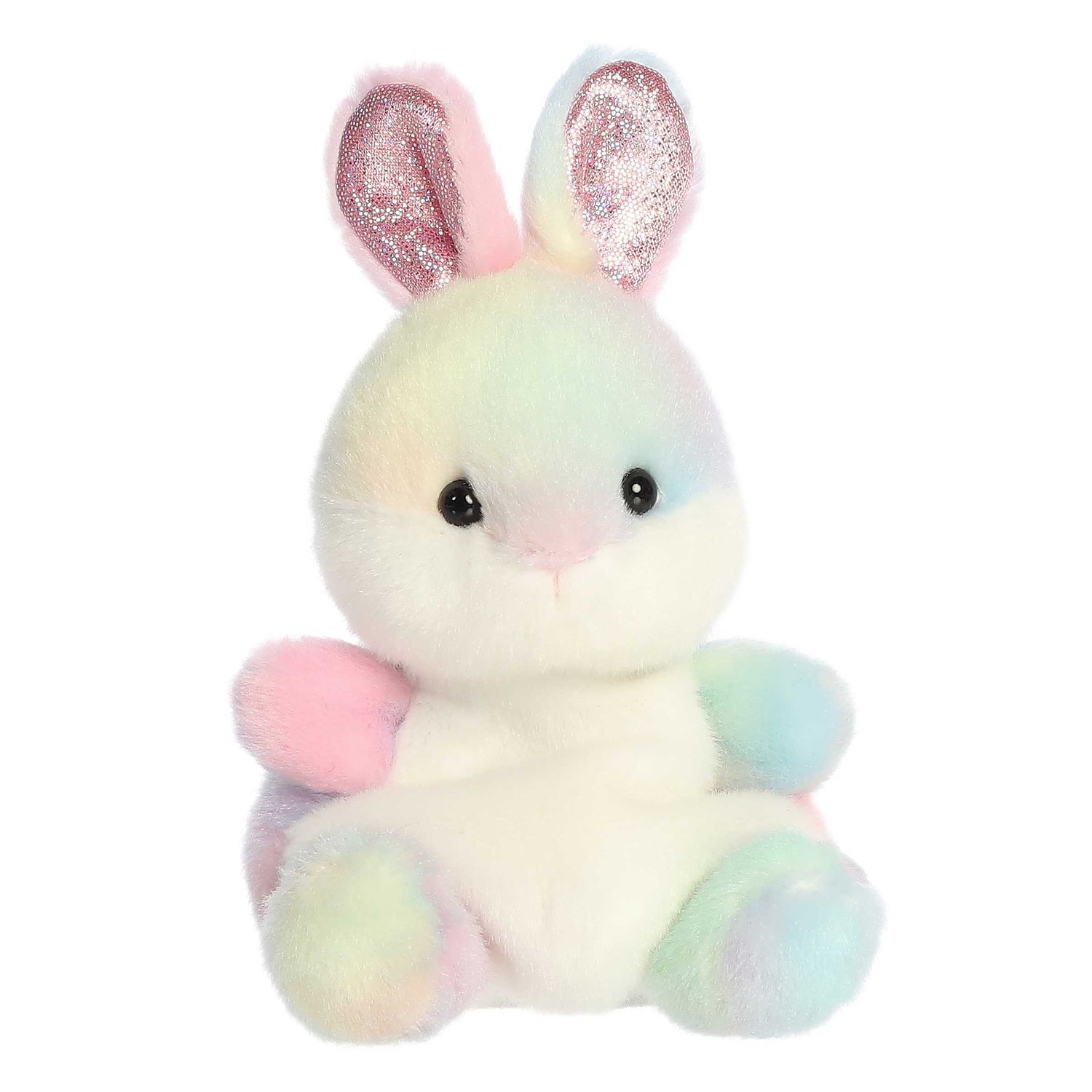 A pastel tie dyed plush bunny with cute perky ears that are shiny inside.