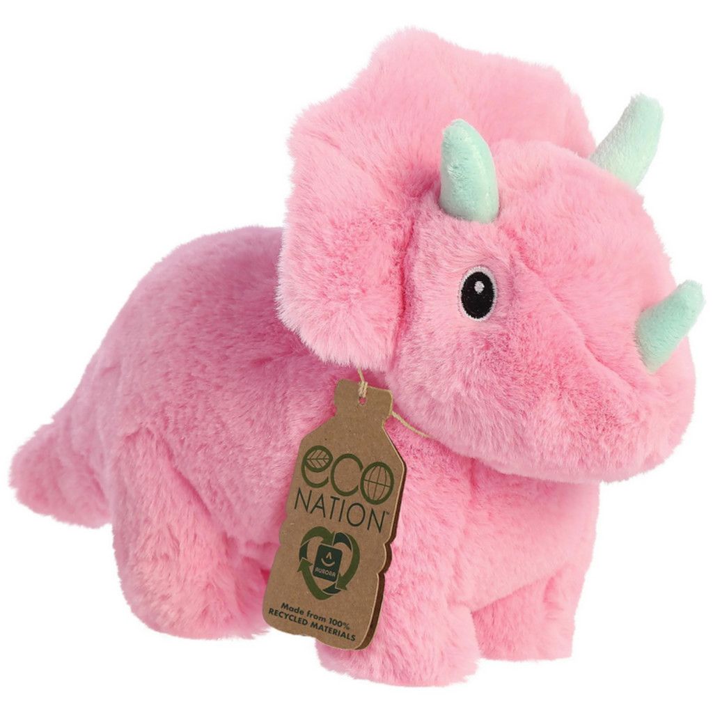 A cute pink and blue triceratops with sewn in eyes.