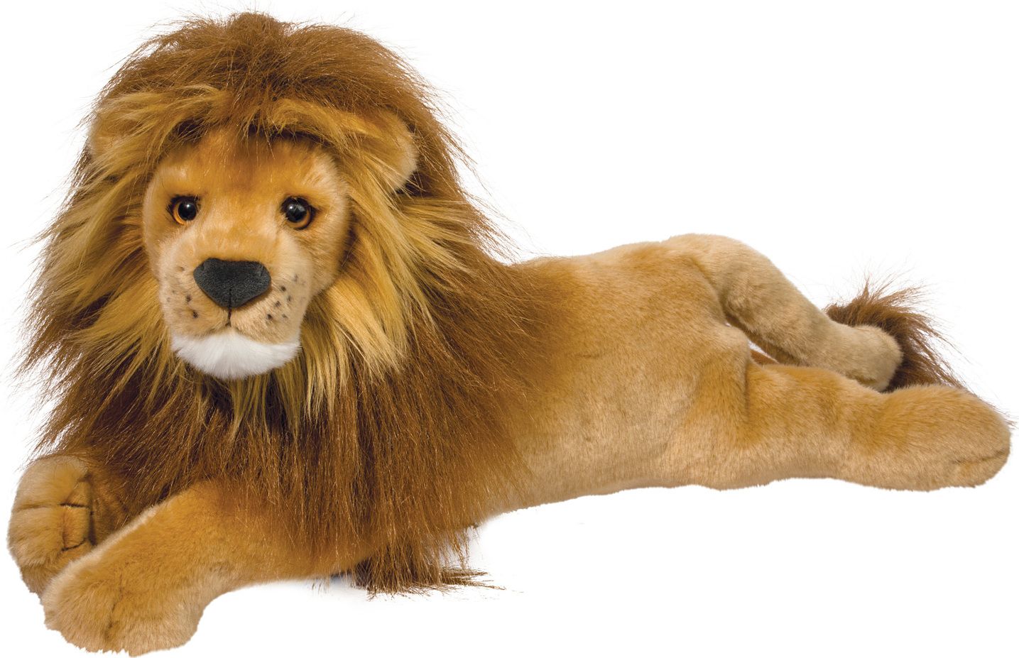 A fluffy 2ft long lion stuffed animal with a fluffy mane.