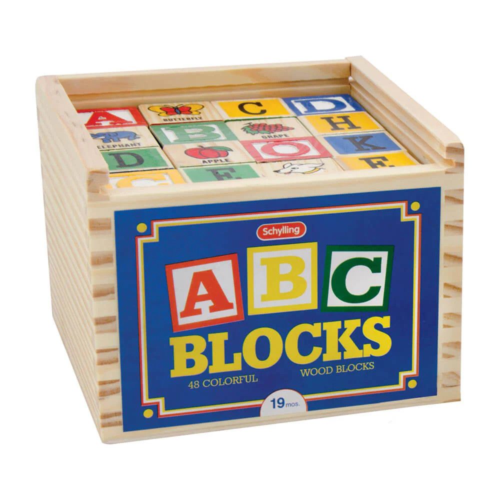 A variety of colorful wooden blocks with ABCs and pictures to represent each letter.