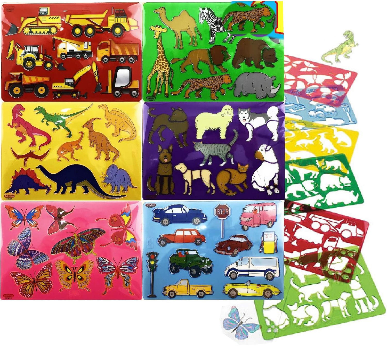A variety of six different stencil sets. There&#39;s a red one with construction vehicles, a few with animals and one with bugs!