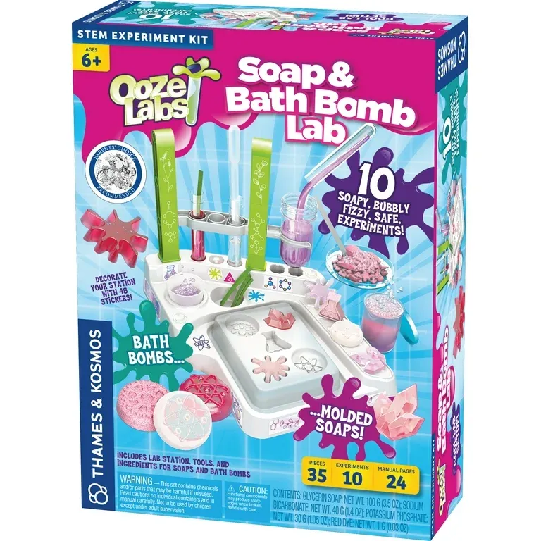 Ooze Labs Soap &amp; Bath Bomb Lab kit for ages 6+, featuring tools and supplies for 10 fun, safe experiments with soaps and bath bombs.