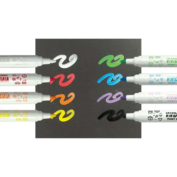 A set of vibrant paint markers with colors like white, red, orange, yellow, green, blue, purple, and black, creating swirls on black paper.