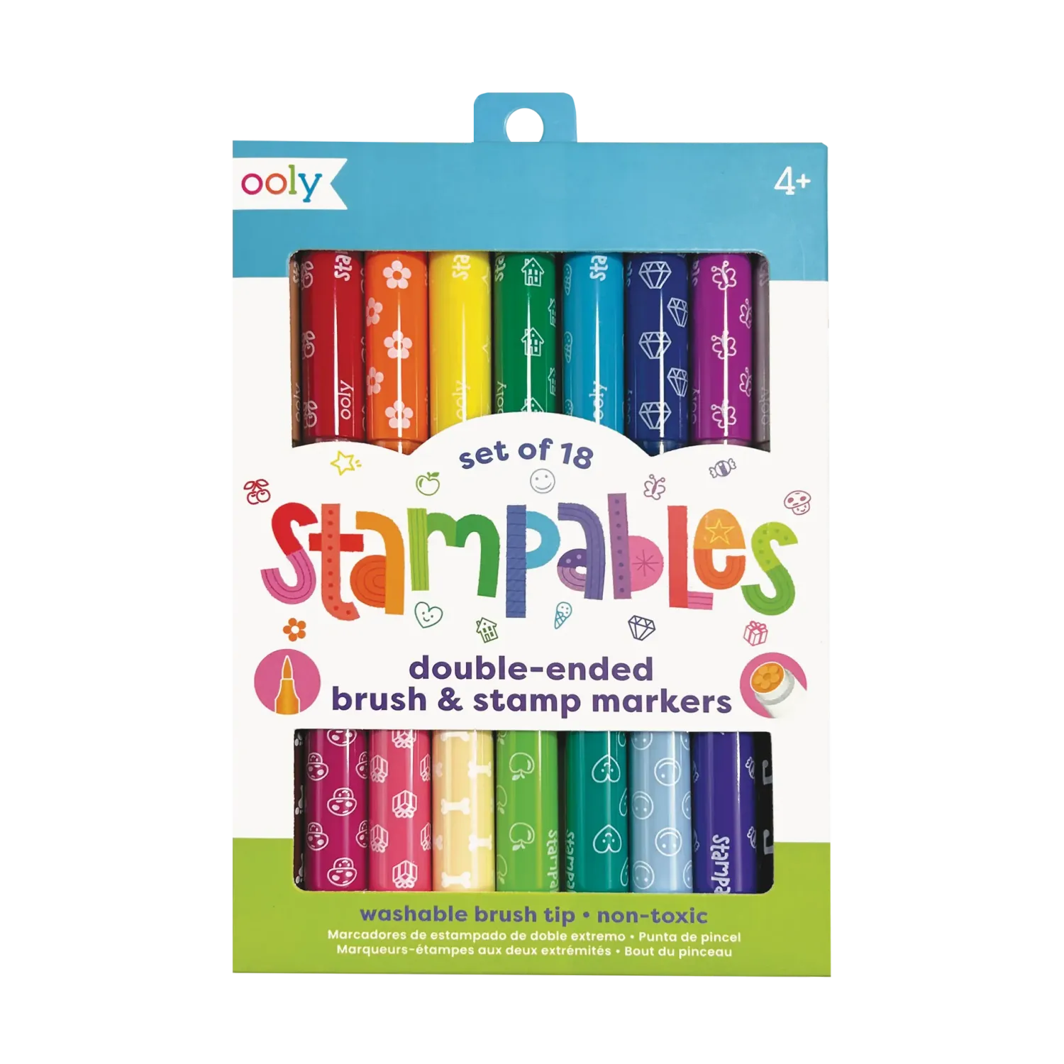 A colorful set of 18 double-ended brush and stamp markers in a vibrant packaging, labeled &quot;stampables&quot; by Ooly. Suitable for ages 4+.