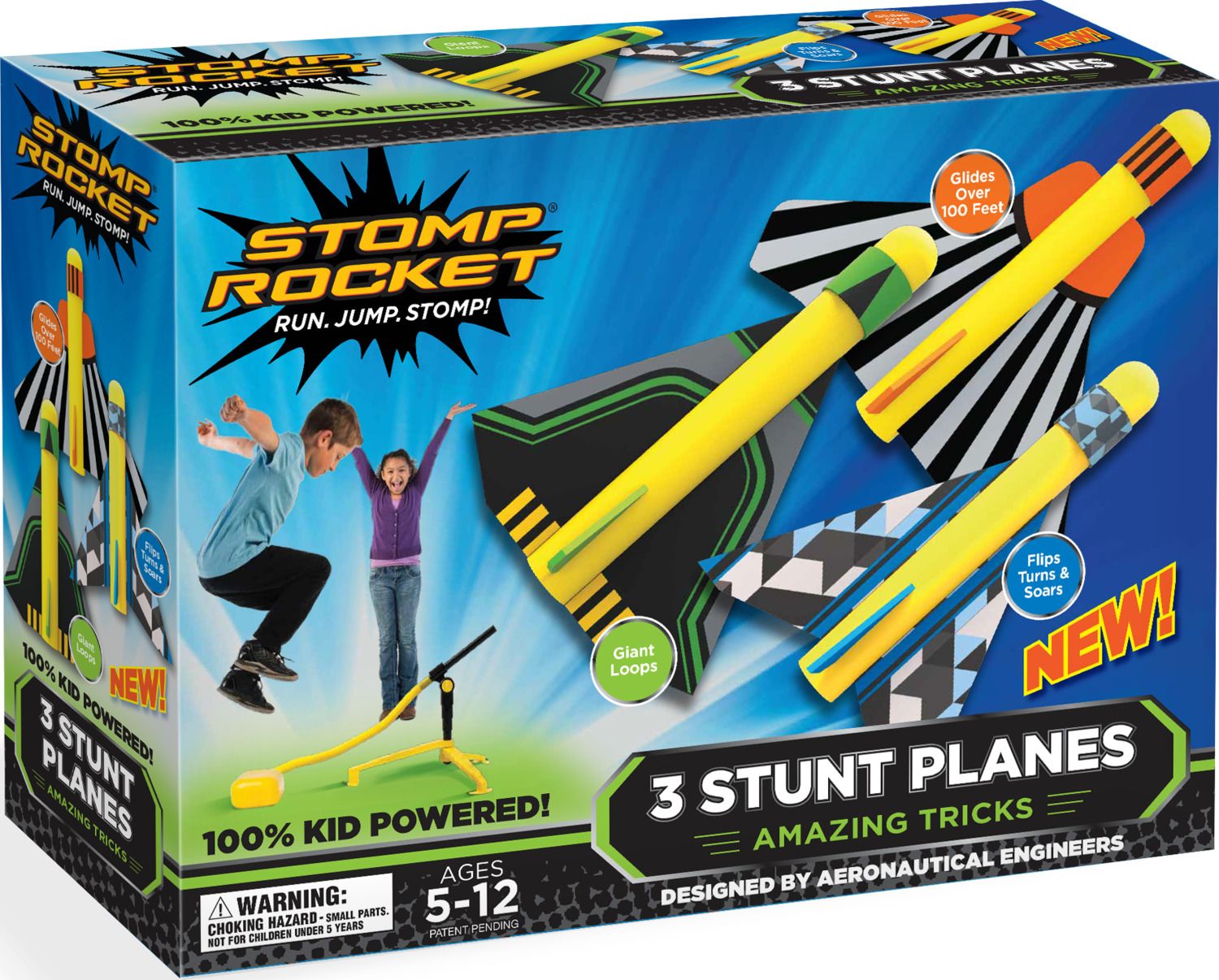 A colorful toy box featuring &quot;Stomp Rocket&quot; with images of three stunt planes, promoting active play for kids aged 5-12.