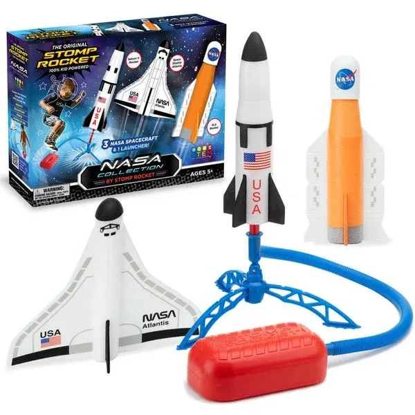 A NASA-themed rocket launching toy set featuring three spacecrafts, a launcher, and a colorful, fun packaging design.