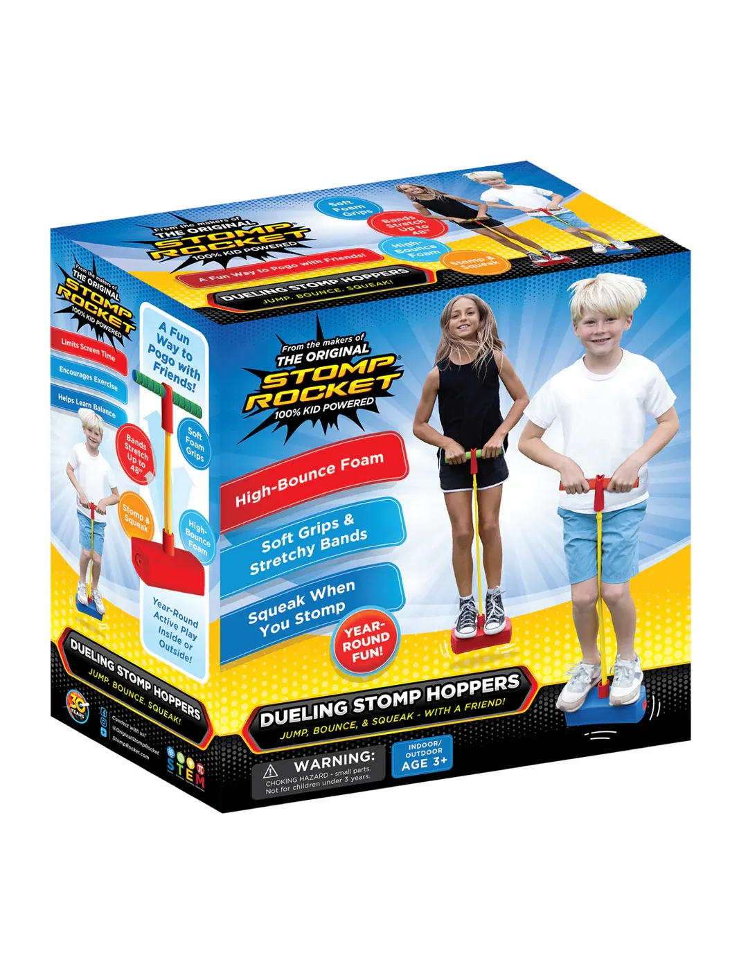A colorful box featuring &quot;Dueling Stomp Hoppers,&quot; showcasing two kids playing. The box highlights features like high-bounce foam and soft grips.